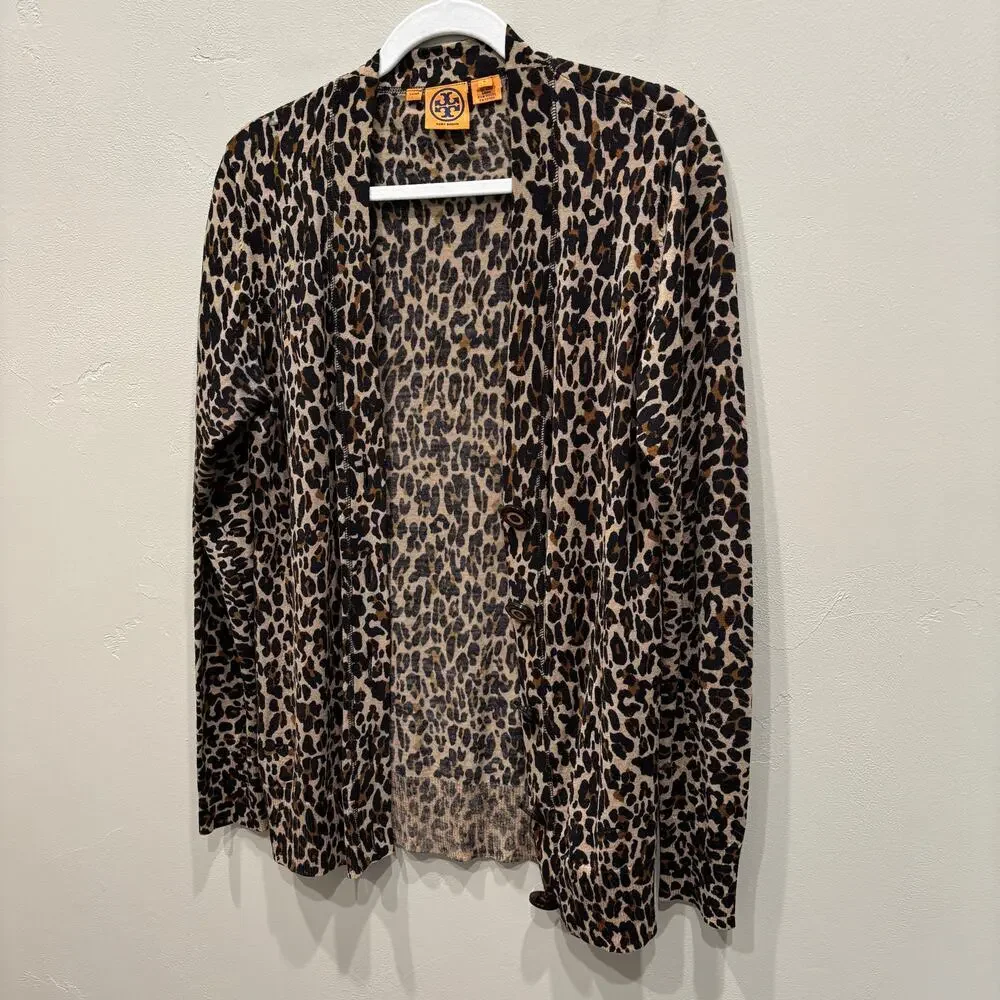 Tory Burch Merino Wool Leopard Print Cardigan Black Brown - Size: Large